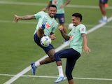 Brazil's Raphinha and Gabriel Jesus during training on November 19, 2023